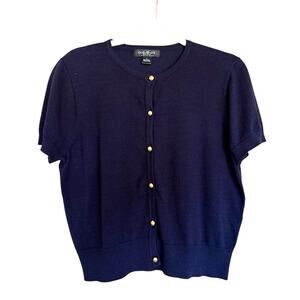 August Silk Heritage Size L Navy Blue Short Sleeve Cotton Button Down Cardigan